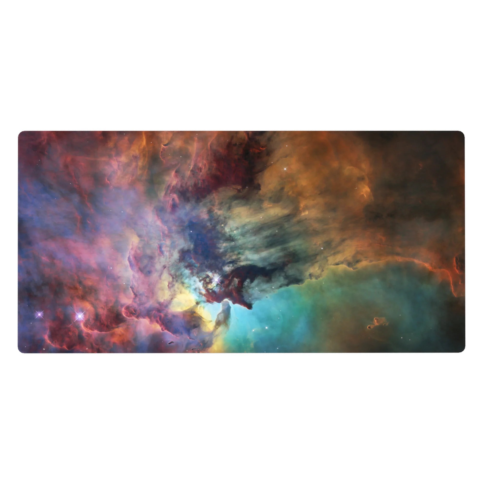 Cosmic nebula desk pad 40x20 inches with smoky swirls, soft starlight speckles, and inky shadows.