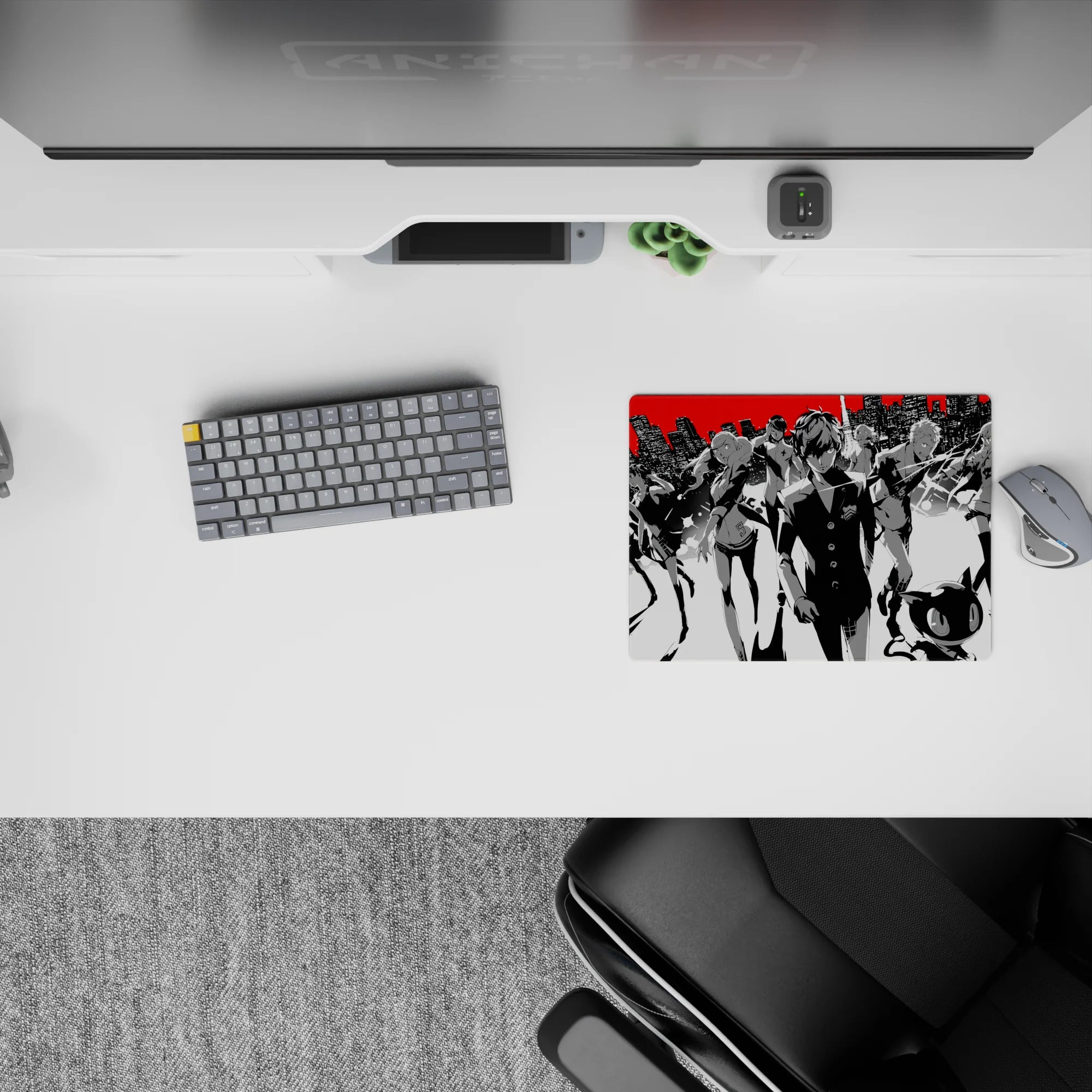 Persona 5 mouse pad 14x10 inches featuring Joker and Mona in a monochrome city with bold red accents, stylish and sleek.