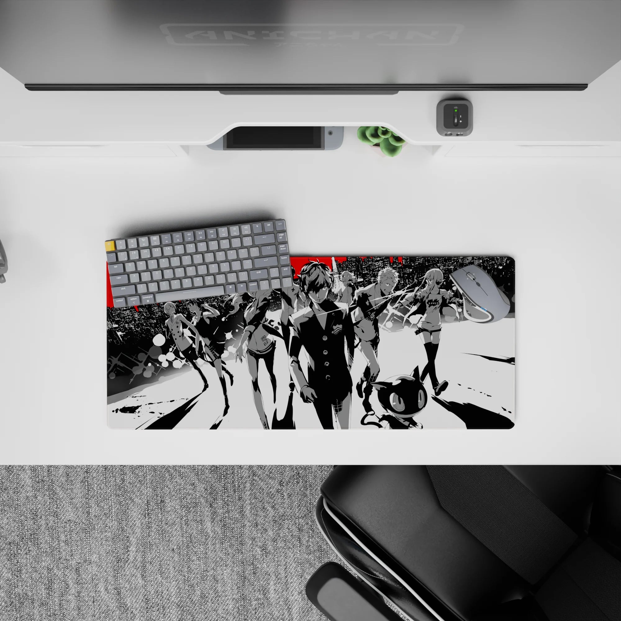 Persona 5 anime mouse pad, 28x12 inches, featuring Joker and Mona in a stylish monochrome city with bold red accents.