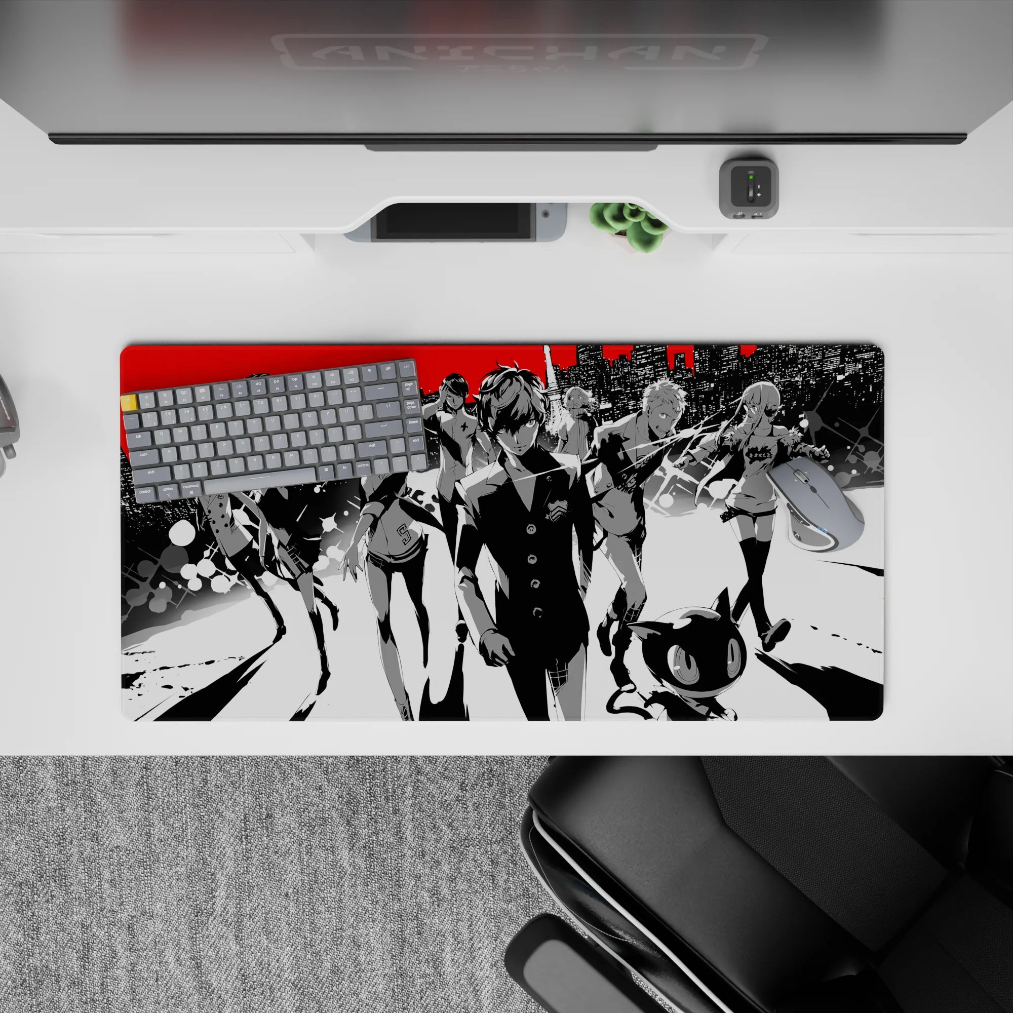 Persona 5 anime mouse pad, 32x16 inches, featuring Joker and Mona in a monochrome city with bold red accents.