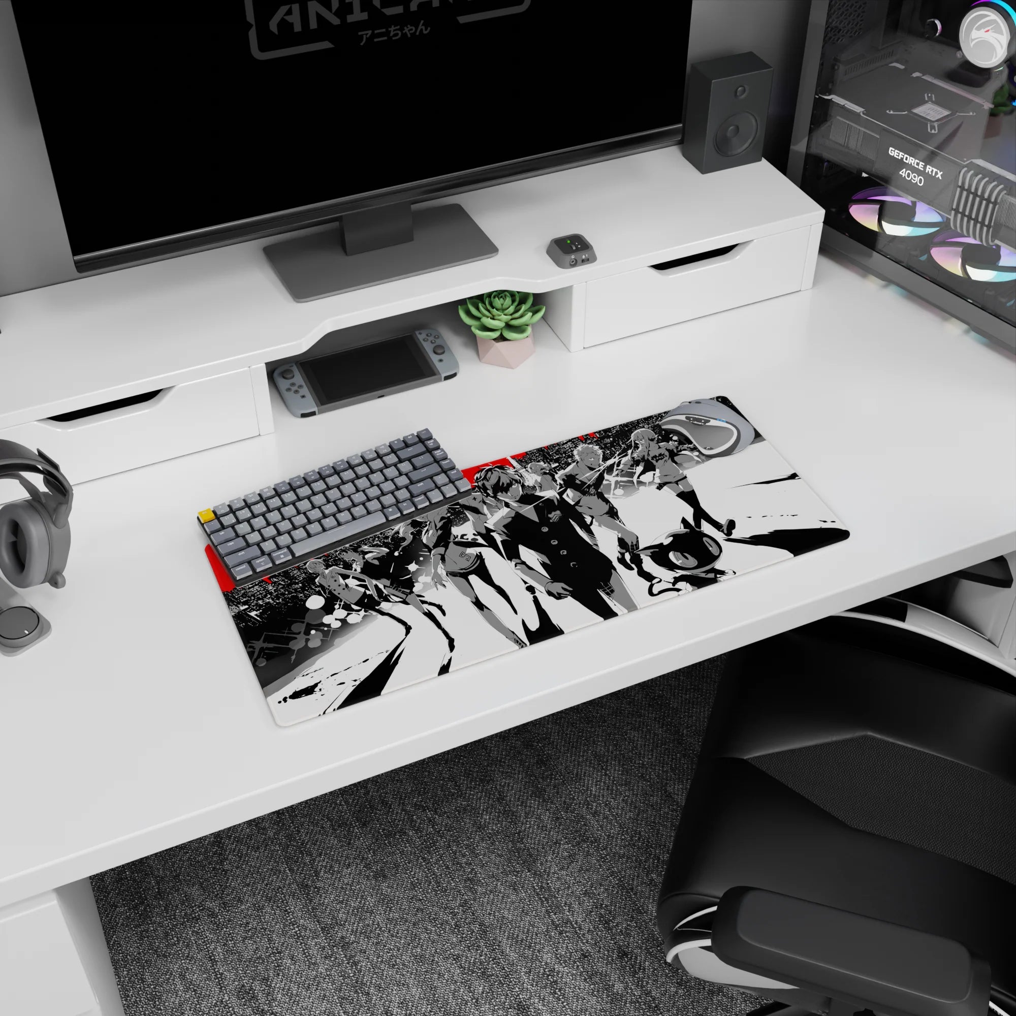 Persona 5 anime mouse pad, 28x12 inches, featuring Joker and Mona in a monochrome city with bold red accents.