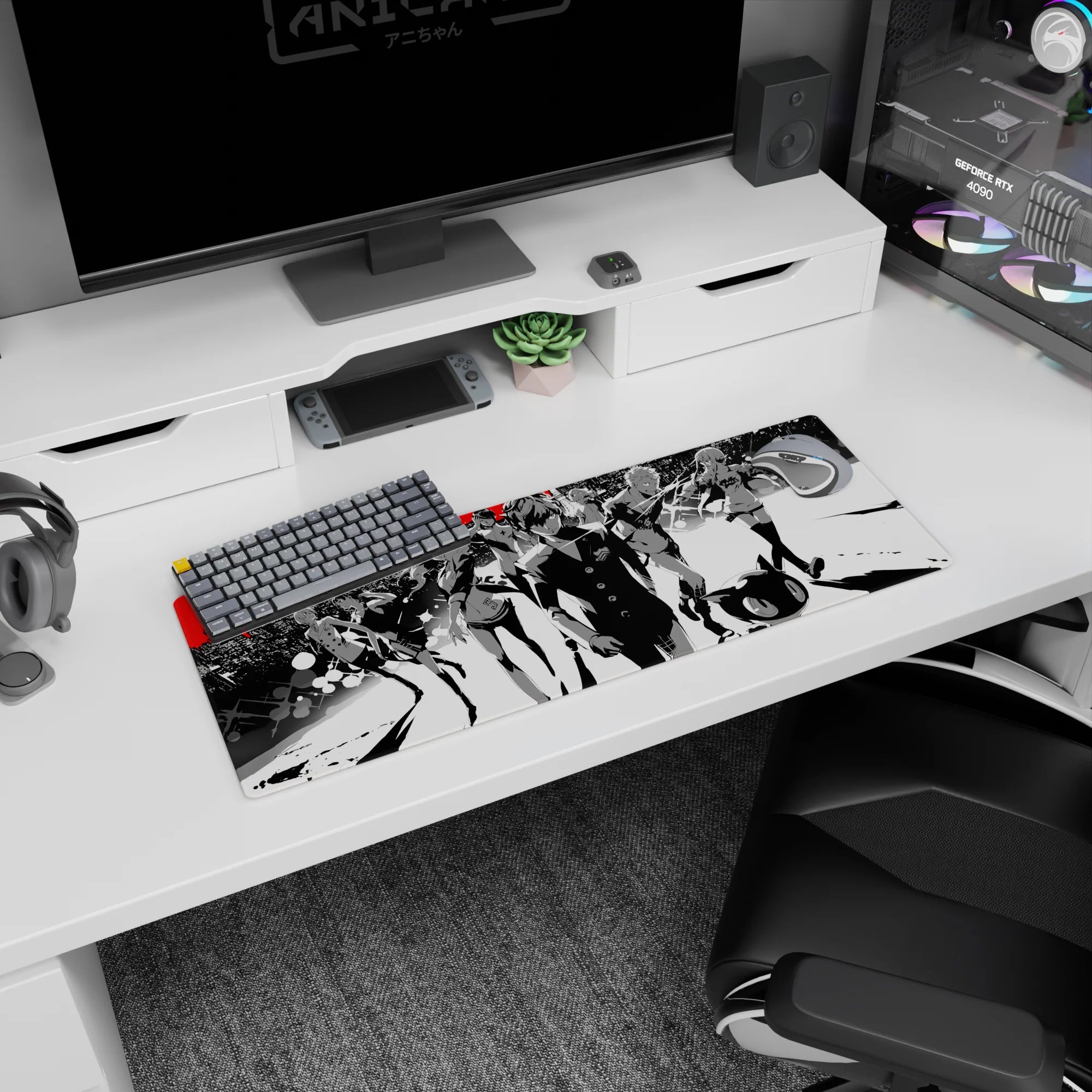 Anime mouse pad 32x12 inches featuring Persona 5&#39;s Joker and Mona in a stylish monochrome cityscape with red accents.