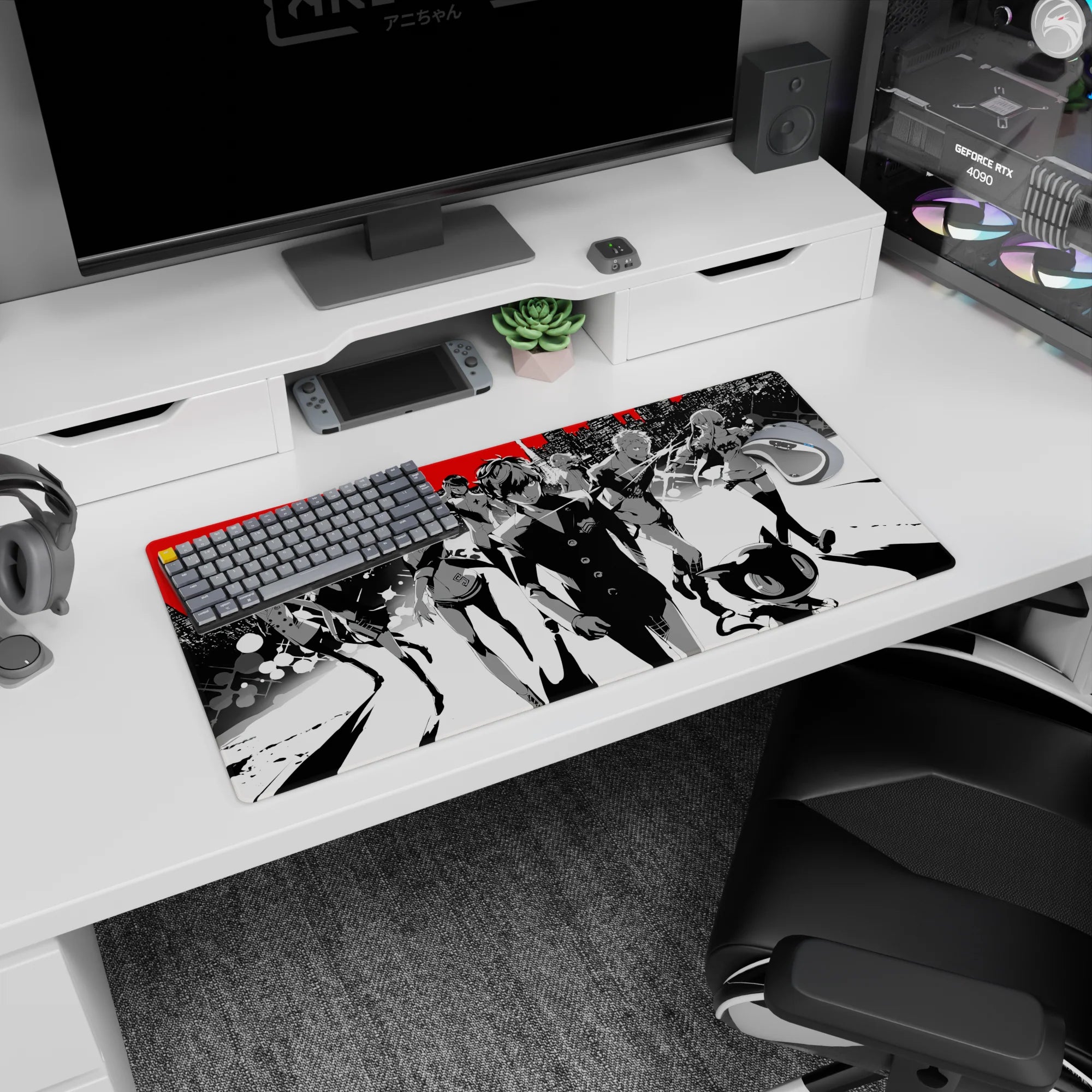 Anime mouse pad 32x16 inches featuring Persona 5 characters Joker and Mona in a bold, monochrome cityscape with red accents.