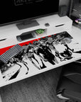 Anime mouse pad 40x20 inches featuring Persona 5's Joker & Mona in a stylish monochrome city with bold red accents.