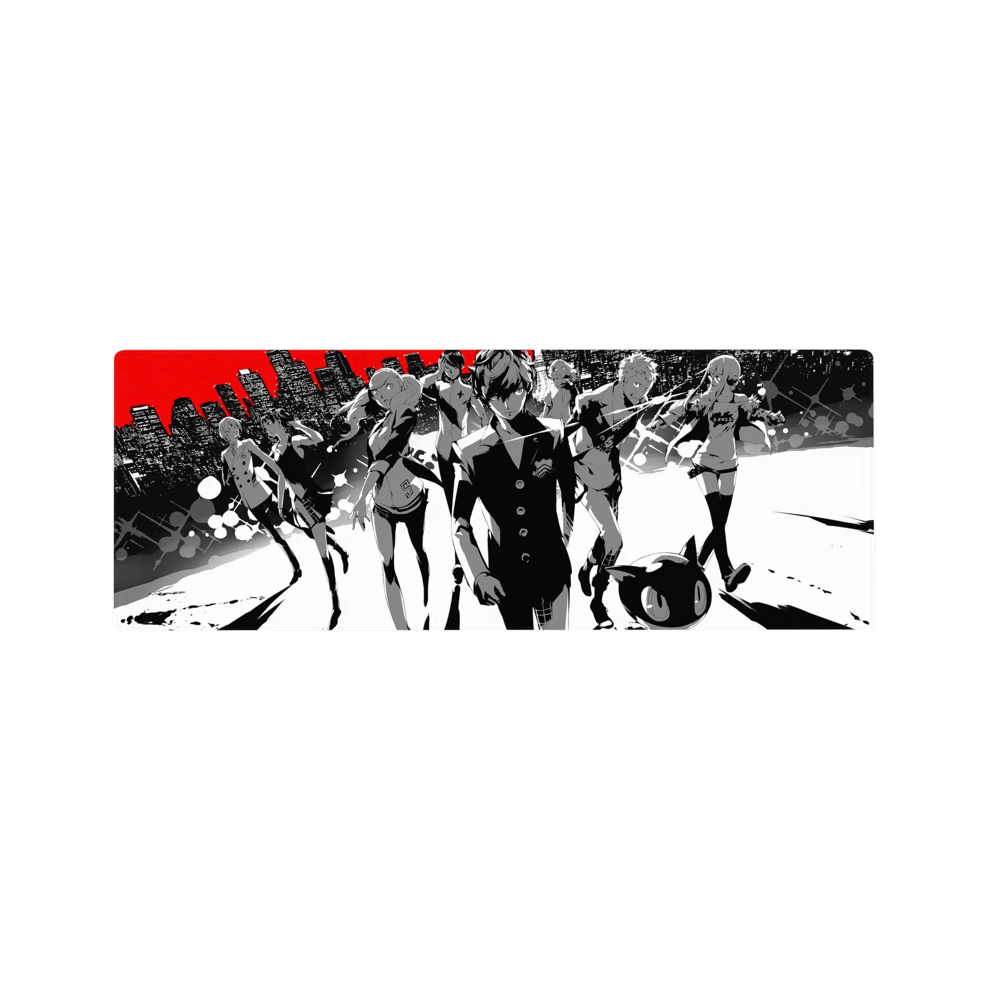Anime mouse pad featuring Persona 5 characters, size 32x12 inches, with Joker and Mona in a stylish monochrome city scene.
