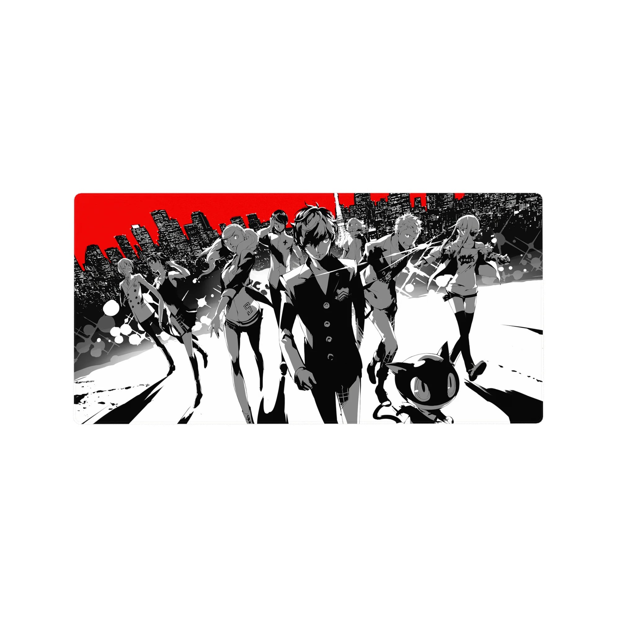 Anime mouse pad 32x16 inches featuring Persona 5&#39;s Joker and Mona in a monochrome city with bold red accents.