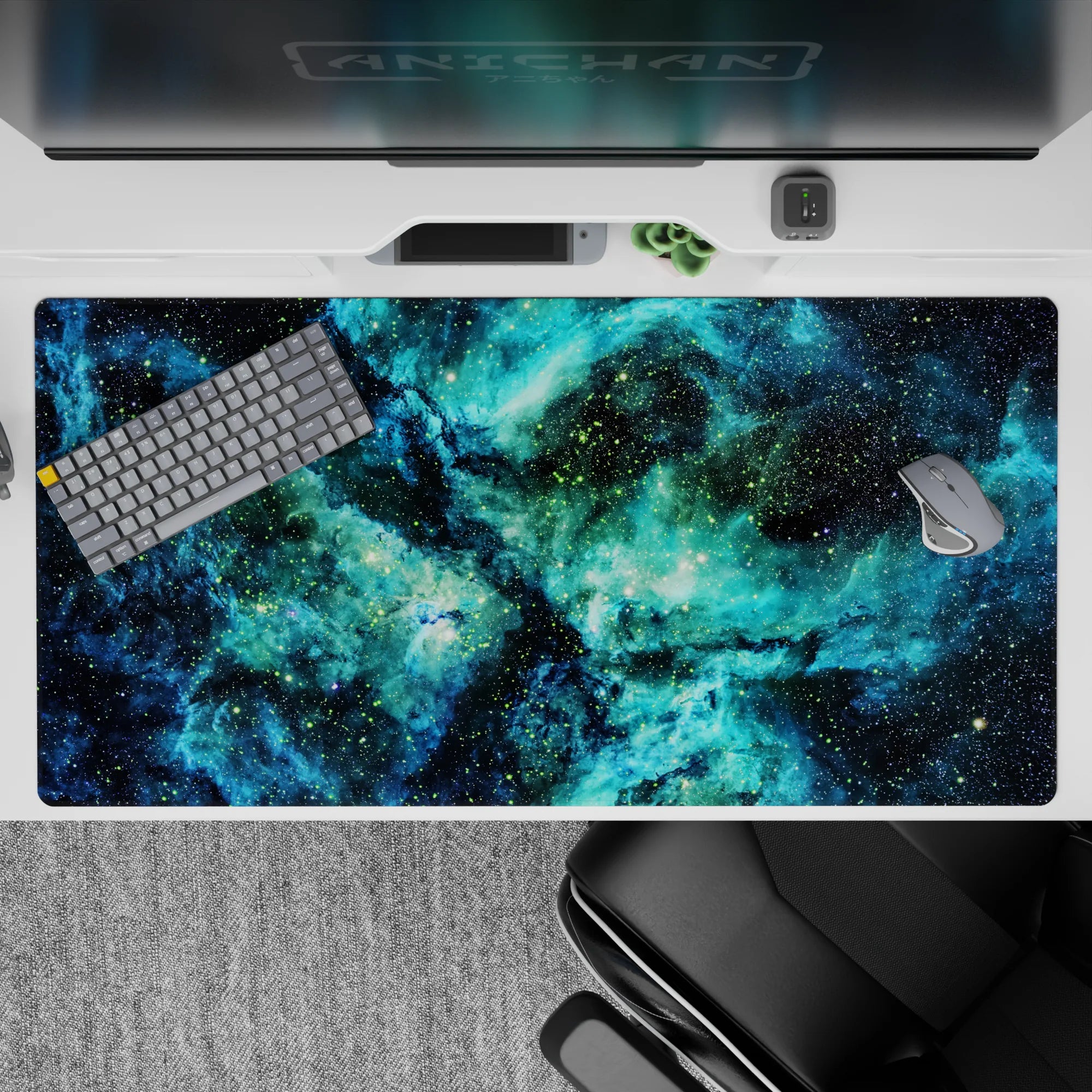 Calm, electric teal-and-ocean blue desk pad 40x20 inches with inky shadows and starry mist.