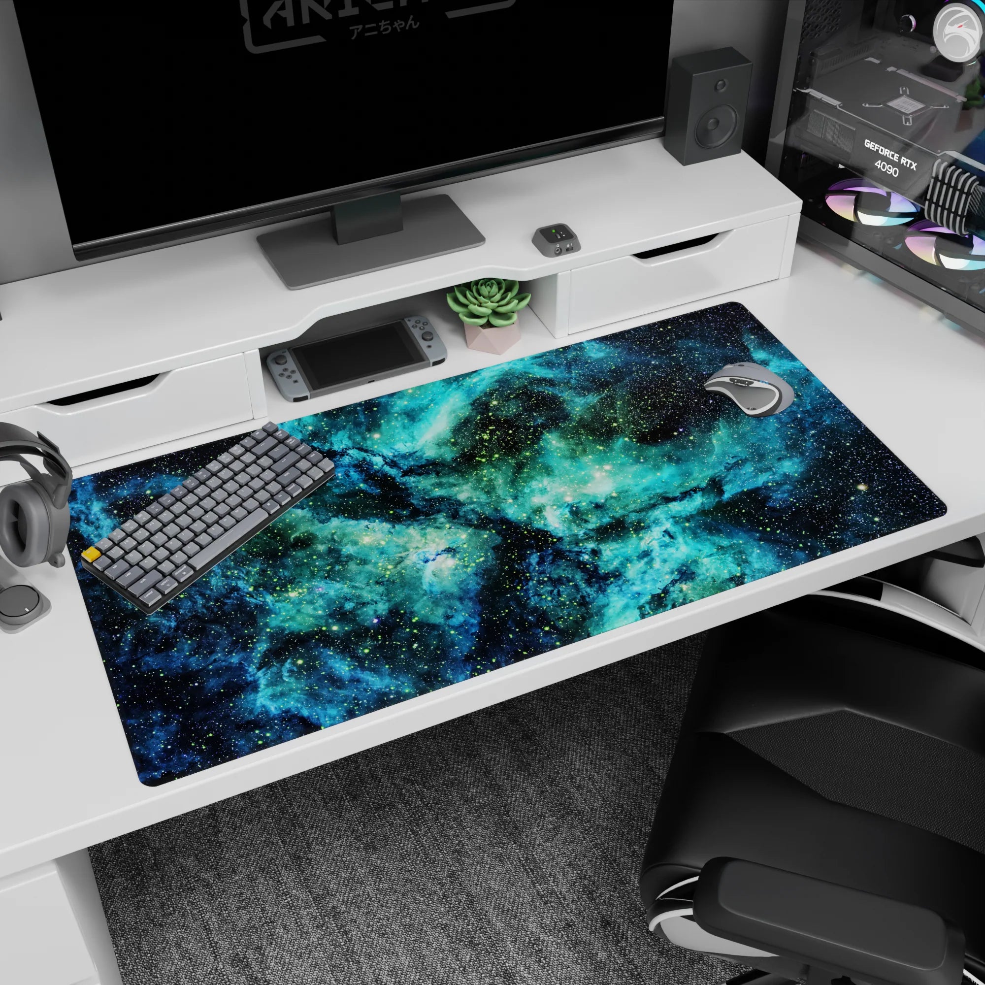 Deep space scene desk pad 40x20 inches featuring swirling teal clouds and tiny confetti-like stars.