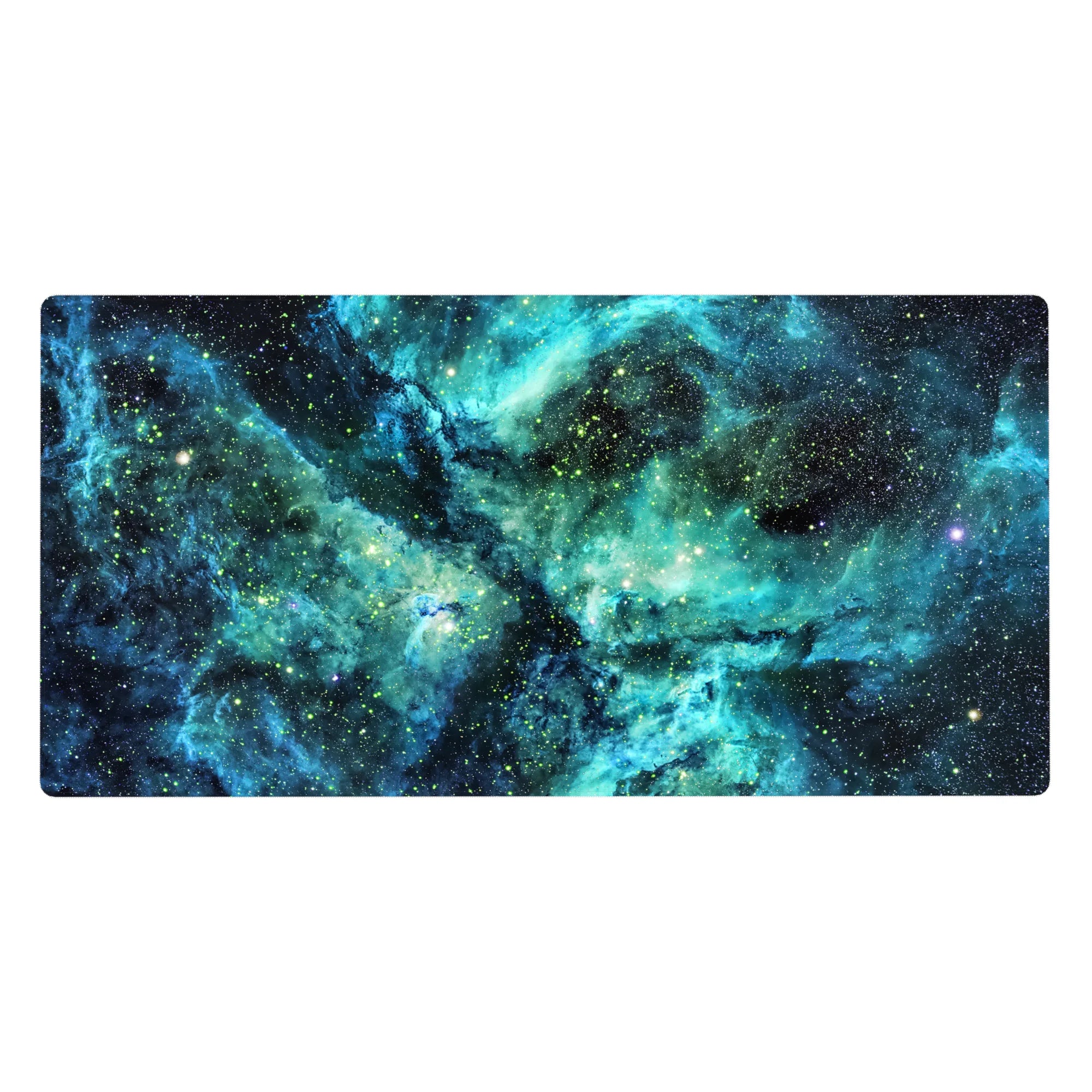 Midnight galaxy desk pad 40x20 inches with teal nebula clouds and scattered star specks.