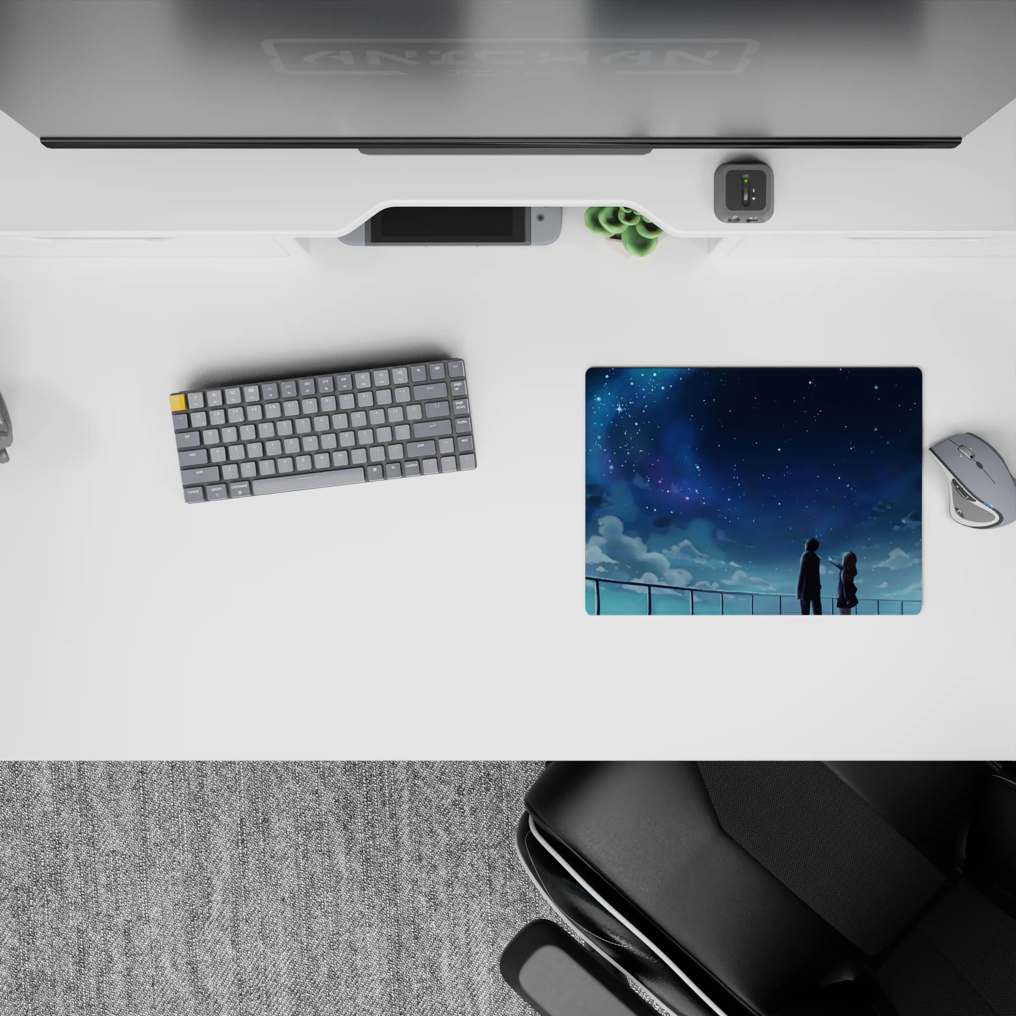 Dreamy 14x10 inches anime mouse pad in cool blues and misty clouds, calm night-sky vibe.