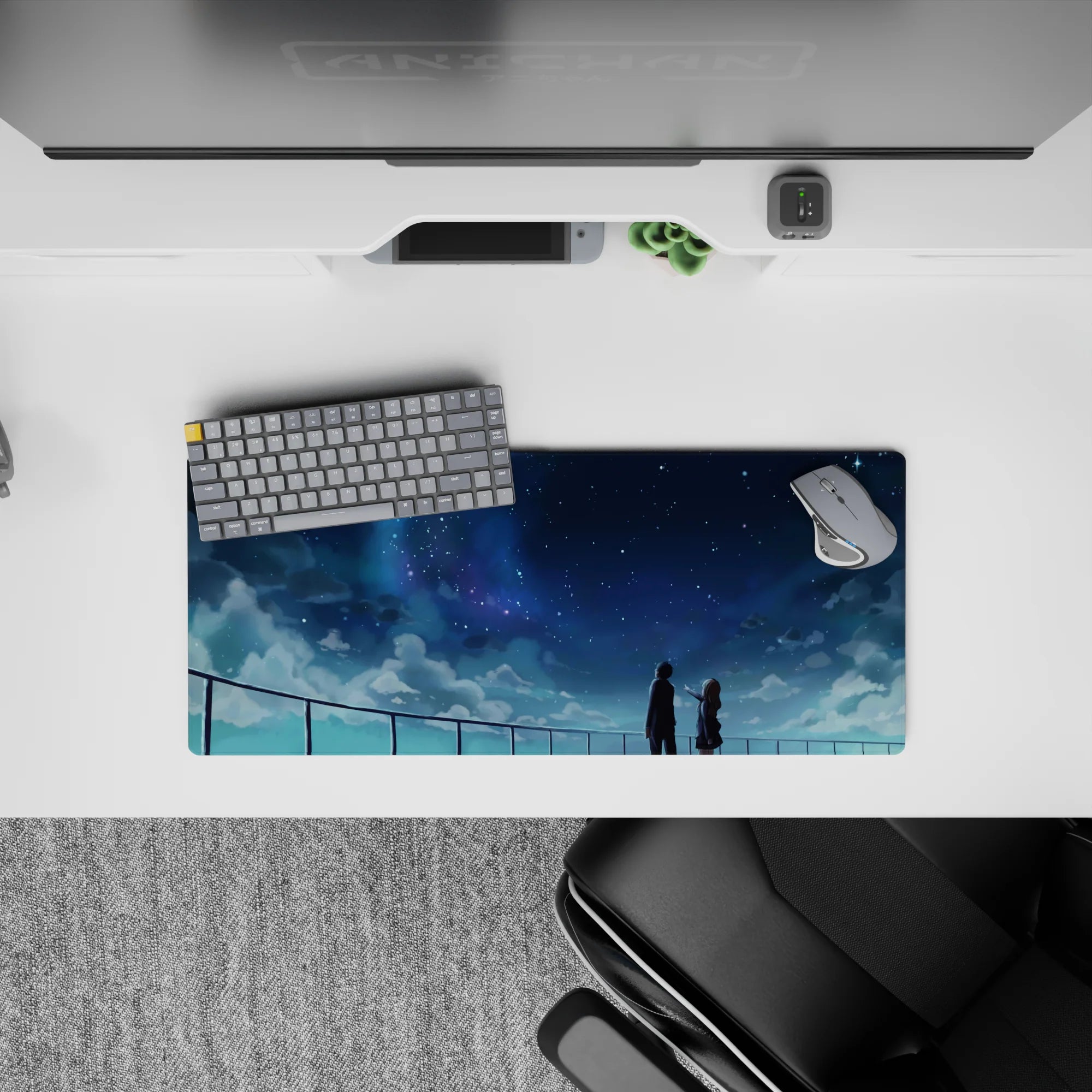 28x12 inches anime mouse pad in cool blues with misty clouds, calm dreamy night-sky glow.