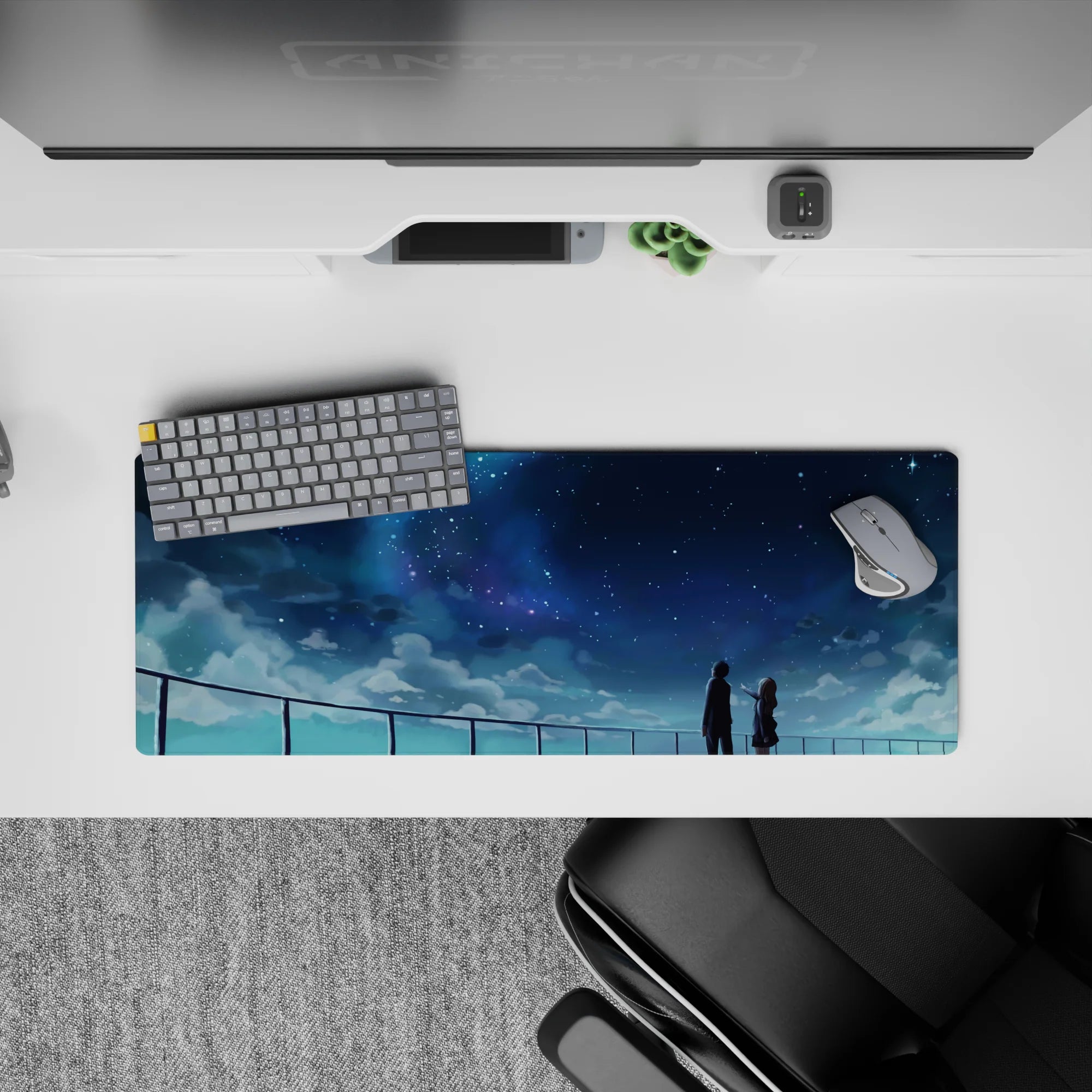 32x12 inches anime desk mat in cool blues and misty clouds, calm dreamy night-sky vibe.
