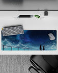 32x12 inches anime desk mat in cool blues and misty clouds, calm dreamy night-sky vibe.