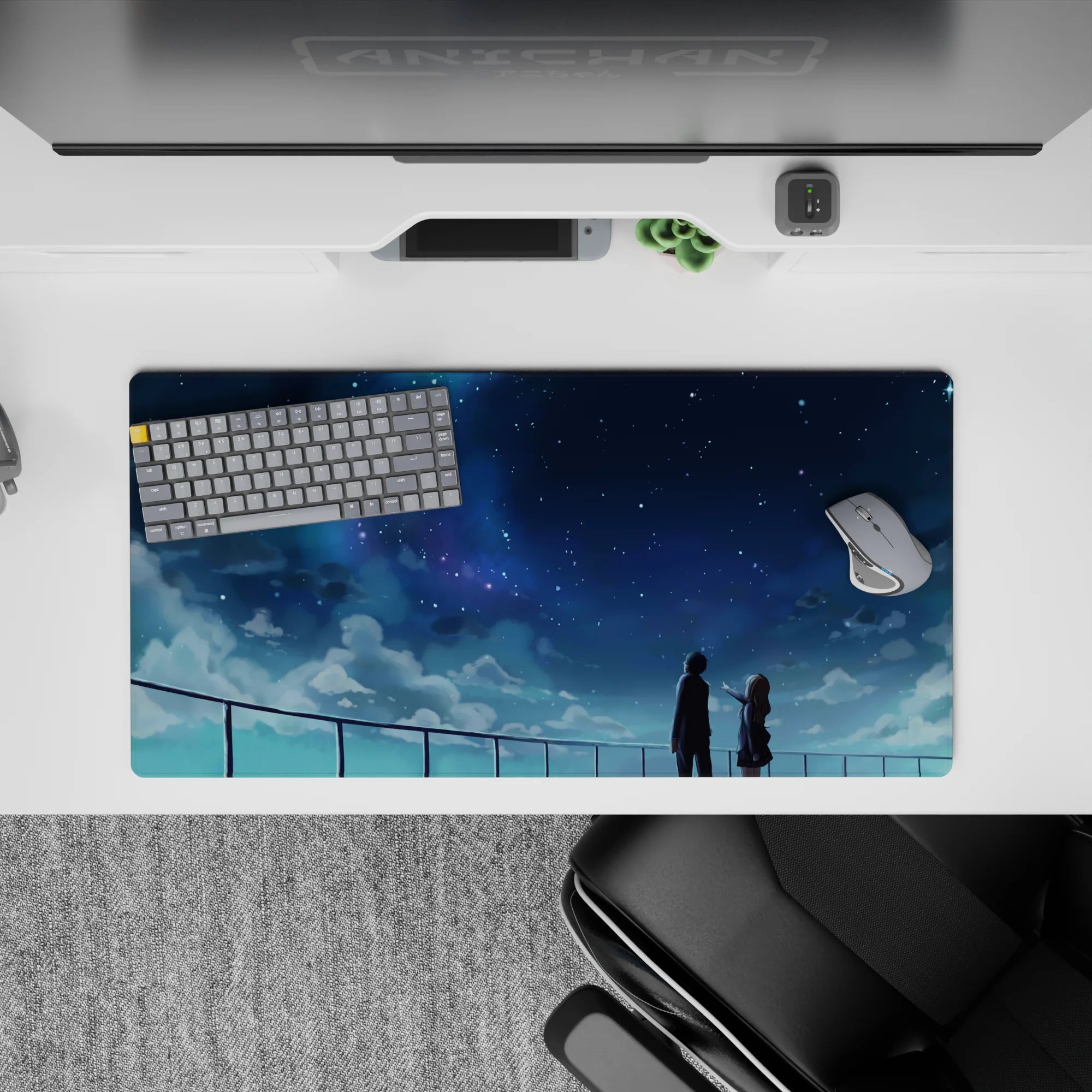 32x16 inches anime mouse pad in cool blues and indigo, dreamy night-sky glow with misty clouds.