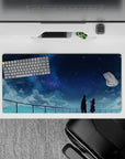 32x16 inches anime mouse pad in cool blues and indigo, dreamy night-sky glow with misty clouds.