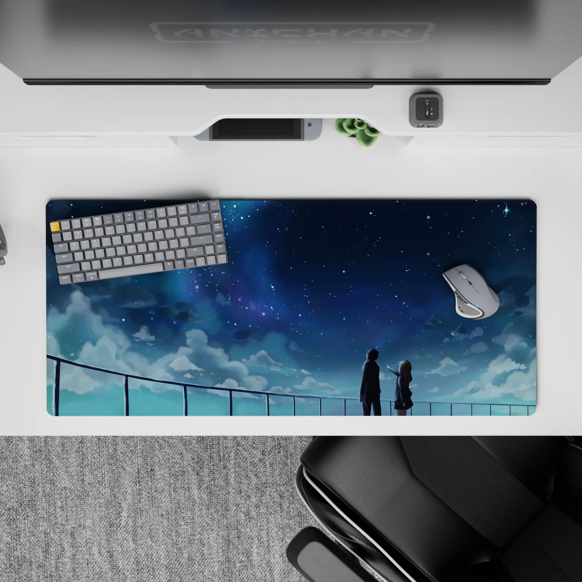 Indigo and cool blue dreamy anime desk pad 36x16 inches with misty clouds and calm starfield.