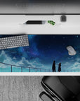 Indigo and cool blue dreamy anime desk pad 36x16 inches with misty clouds and calm starfield.
