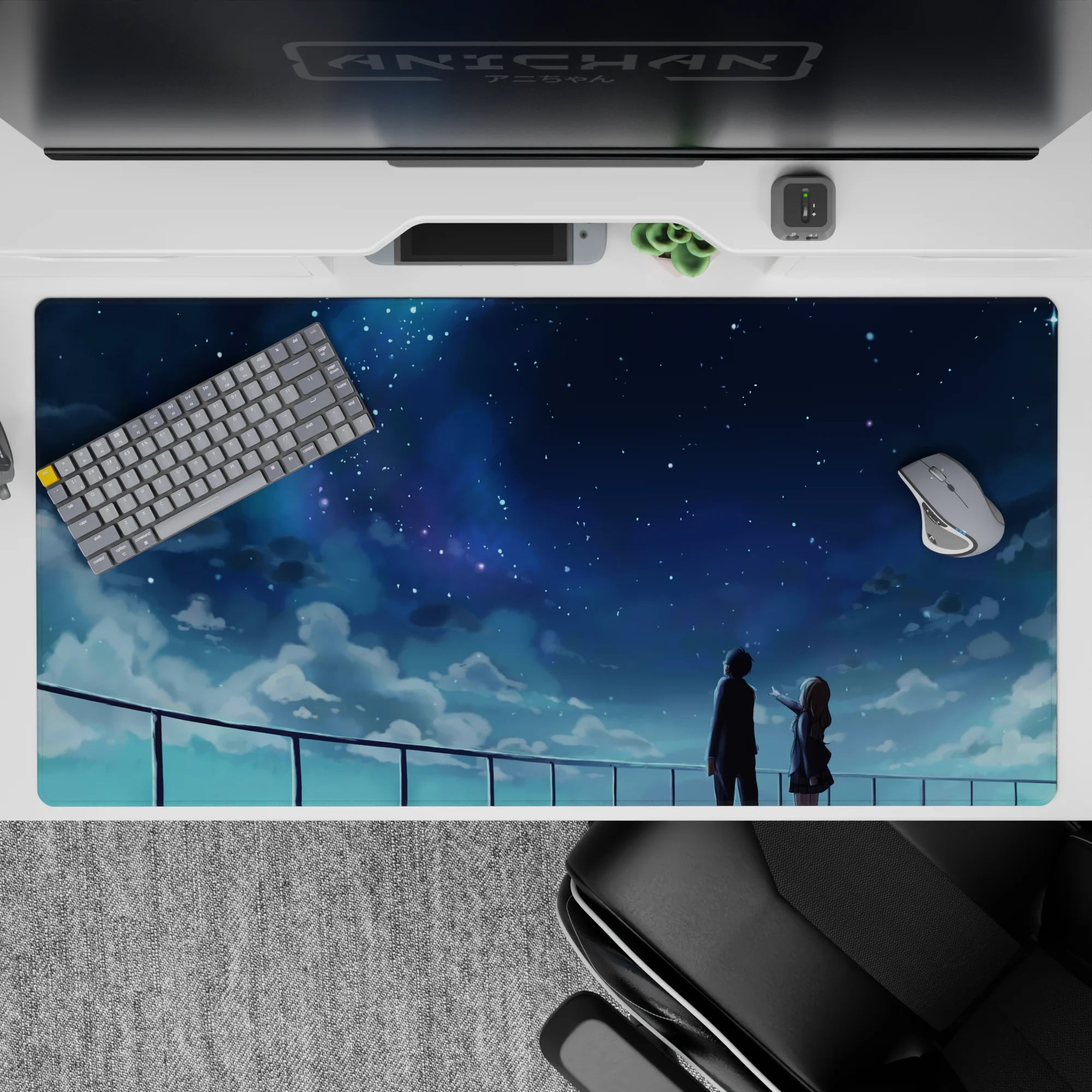 Indigo and cool blue anime desk pad, 40x20 inches, calm dreamy night sky with stars and misty clouds.