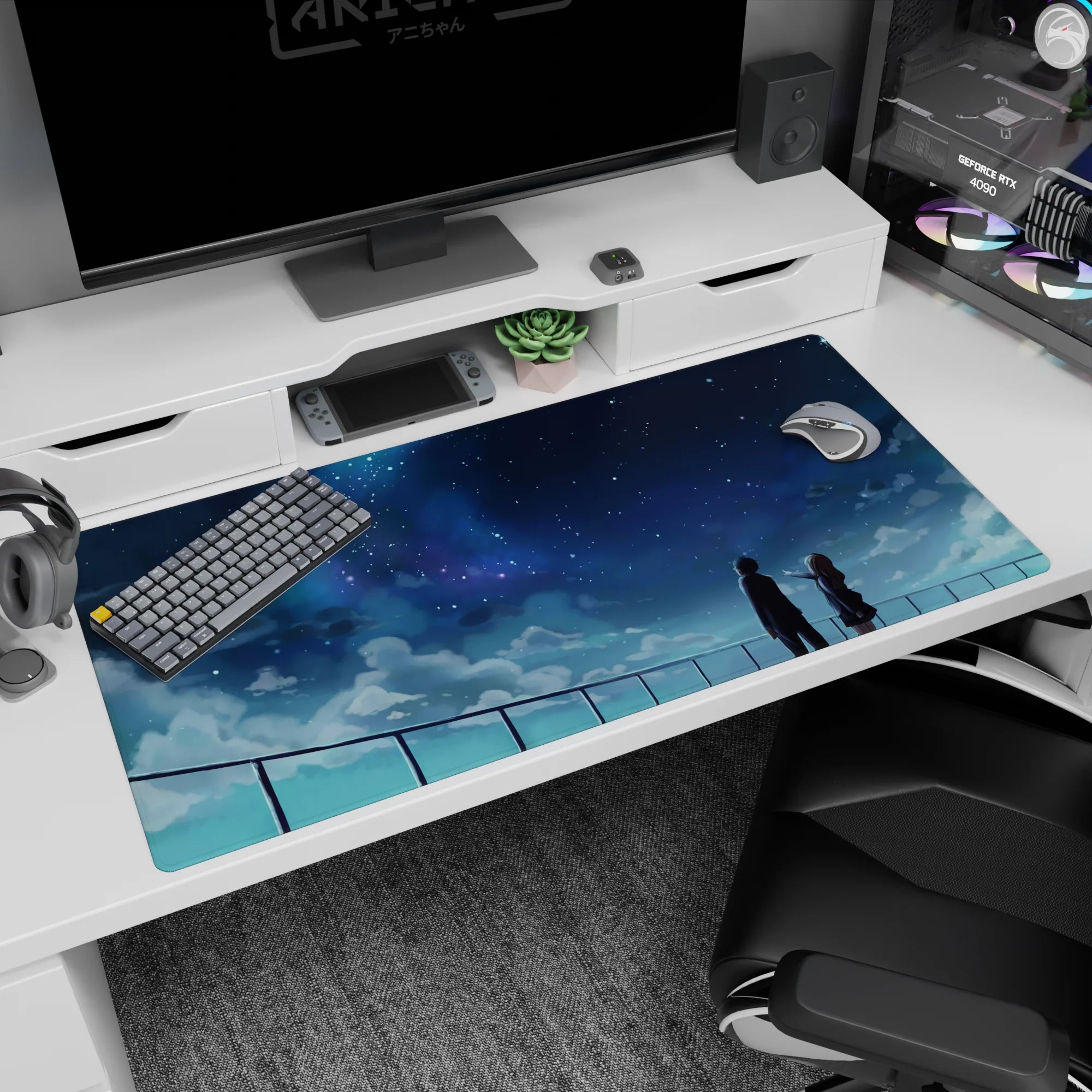 Anime desk pad 40x20 inches, school uniform couple at rooftop railing, girl pointing at the stars.