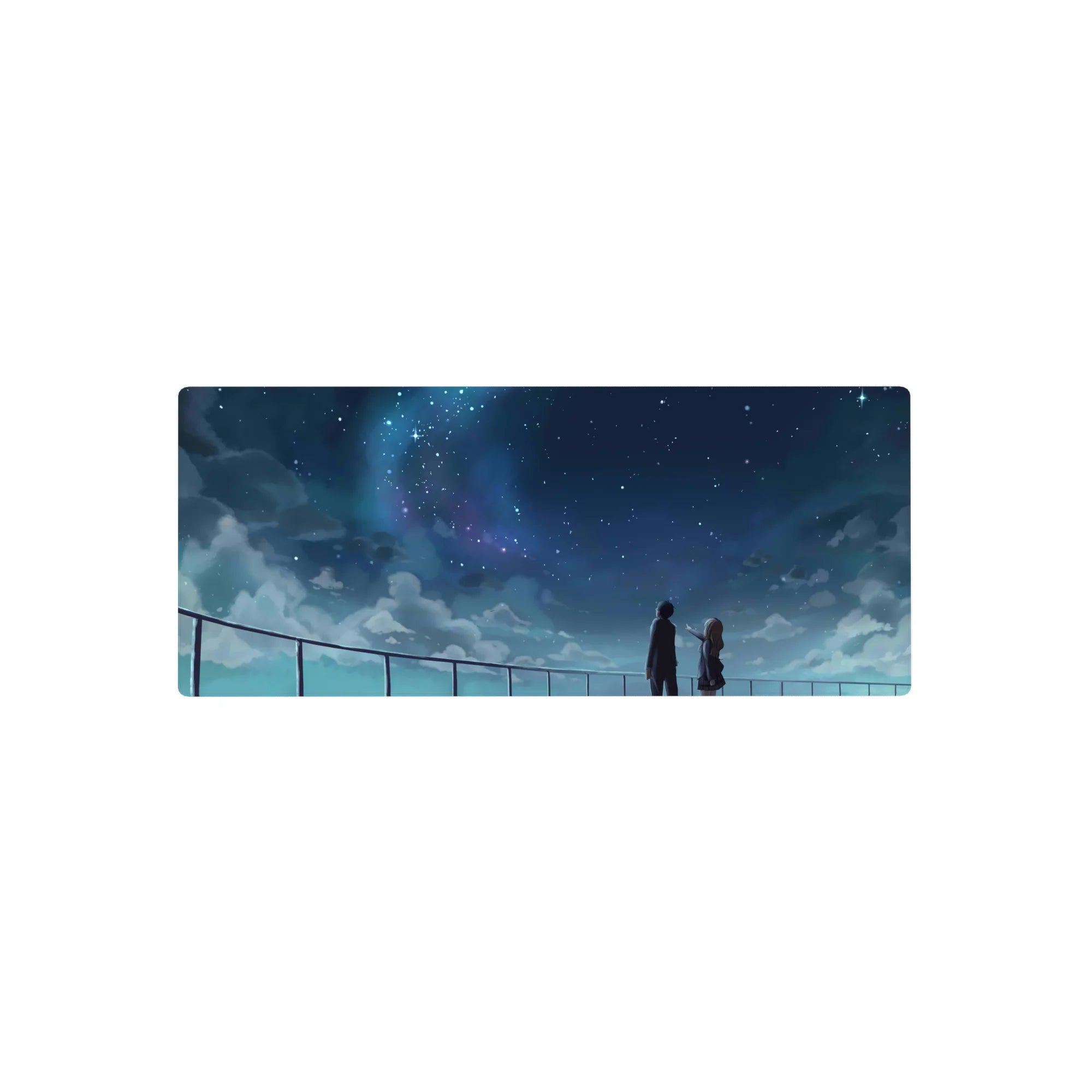 28x12 inches anime mouse pad with students on a rooftop under an indigo starry galaxy sky.