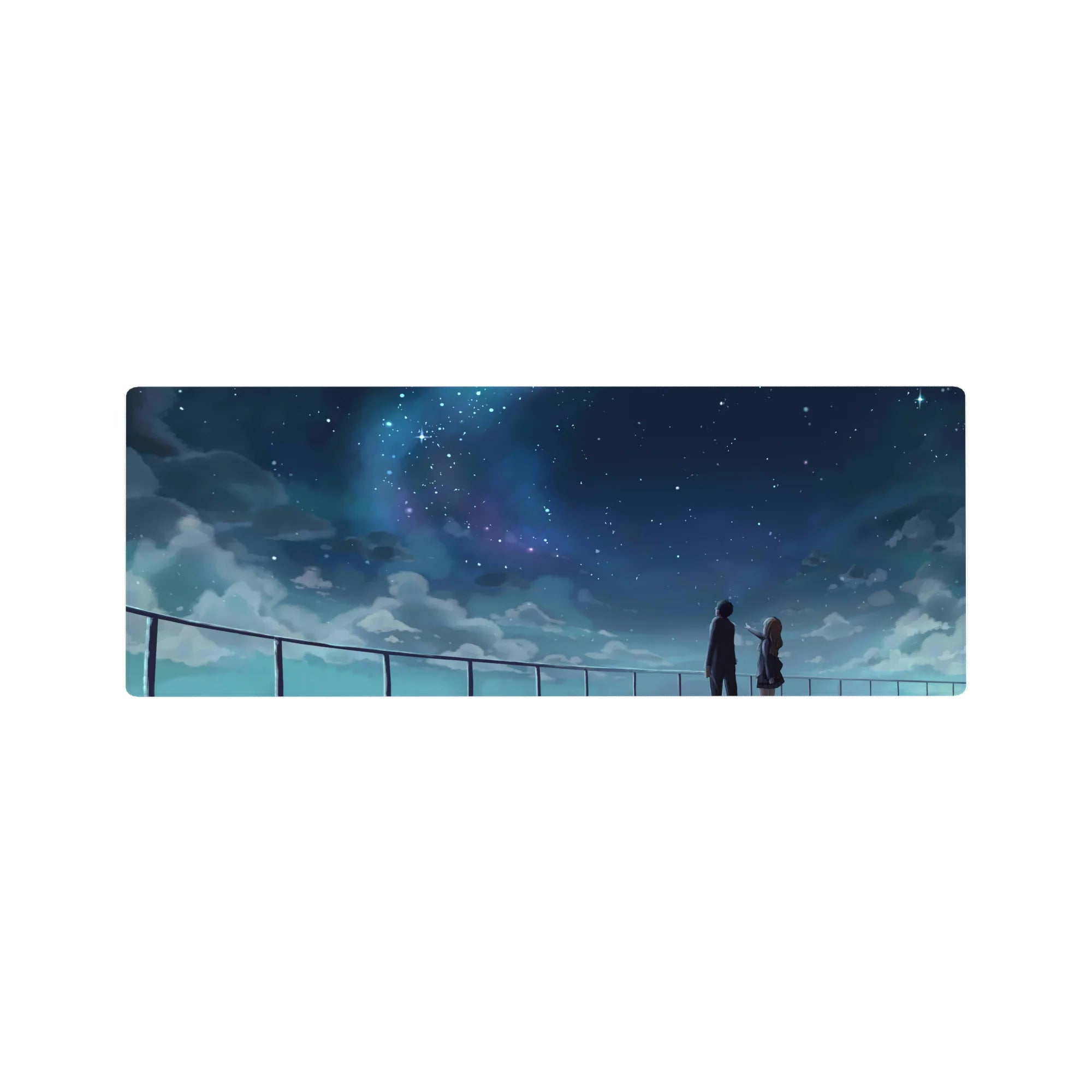 32x12 inches anime mouse pad with rooftop students under a starry indigo sky and galaxy glow.