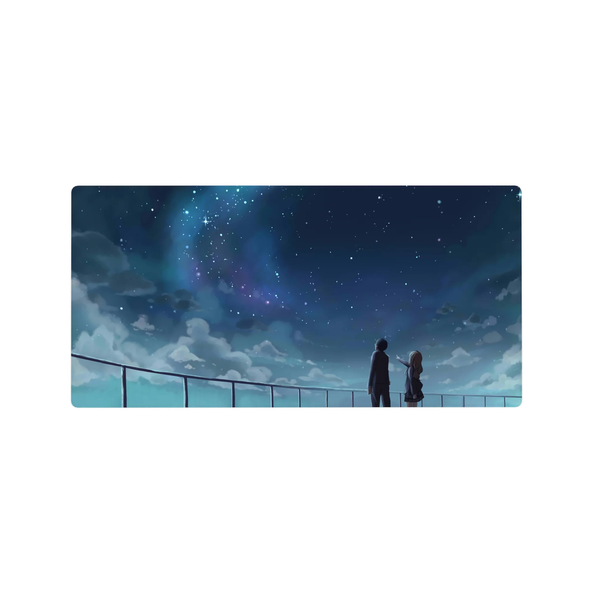 32x16 inches anime mouse pad with rooftop students under a starry indigo galaxy sky and railing scene.