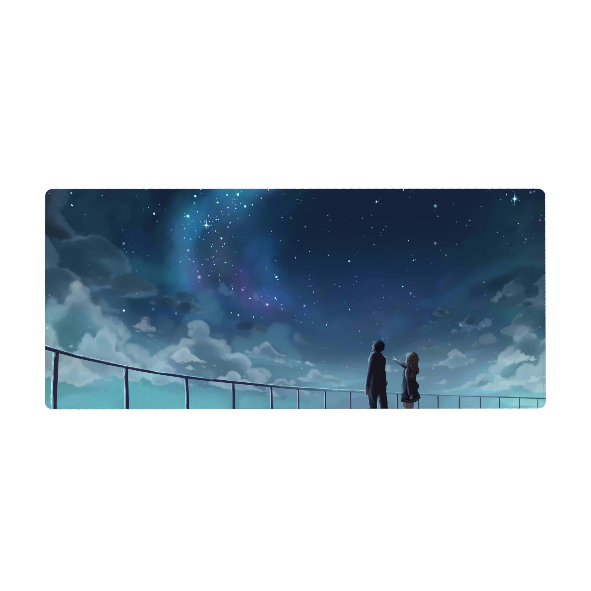 Anime rooftop night sky desk pad 36x16 inches with two students under stars and galaxy glow.