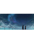 Anime rooftop night sky desk pad 36x16 inches with two students under stars and galaxy glow.