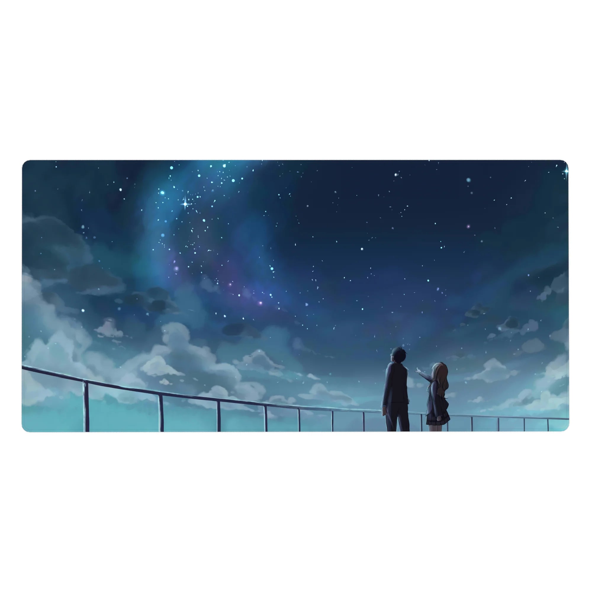 Starry rooftop anime desk pad, 40x20 inches, two students under a galaxy sky with clean gradients.