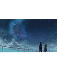 Starry rooftop anime desk pad, 40x20 inches, two students under a galaxy sky with clean gradients.
