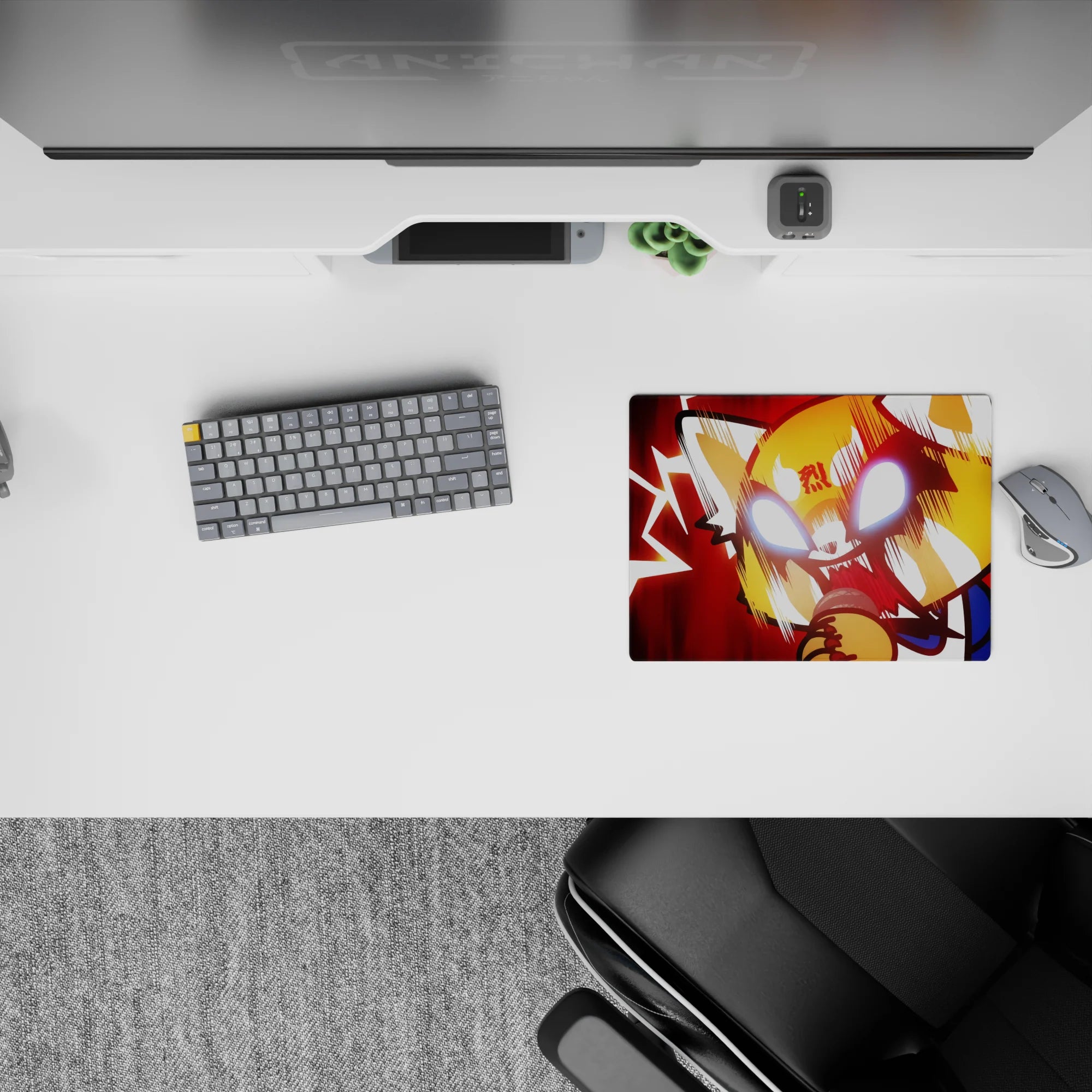 Crimson rage anime mouse pad 14x10 inches with white-hot eyes, jagged lightning, blue sleeve pop.