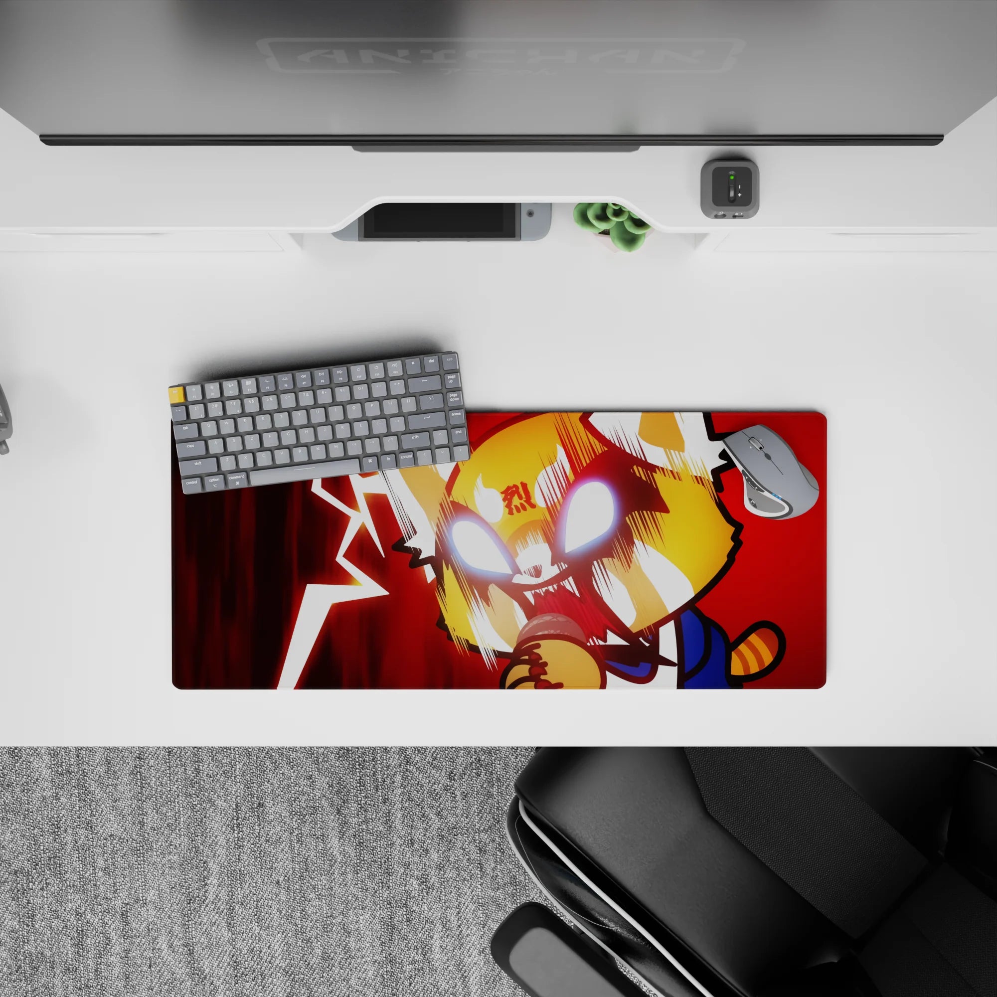 28x12 inches anime mouse pad in deep crimson rage vibe, jagged lightning, white-hot eyes, bold blue accents.