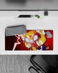 28x12 inches anime mouse pad in deep crimson rage vibe, jagged lightning, white-hot eyes, bold blue accents.