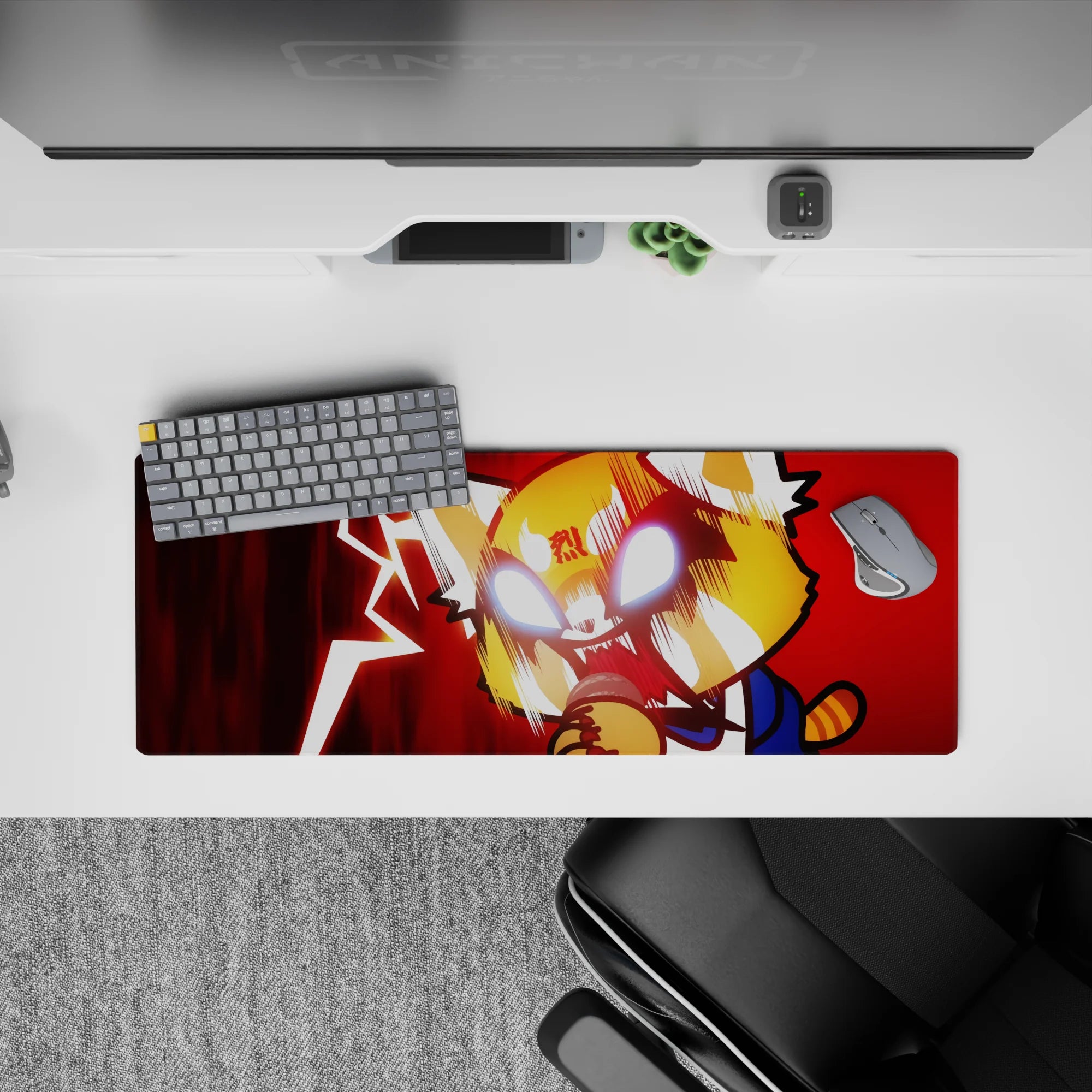 32x12 inches anime mouse pad in deep crimson chaos with jagged lightning, blue sleeve accents, fierce vibe.
