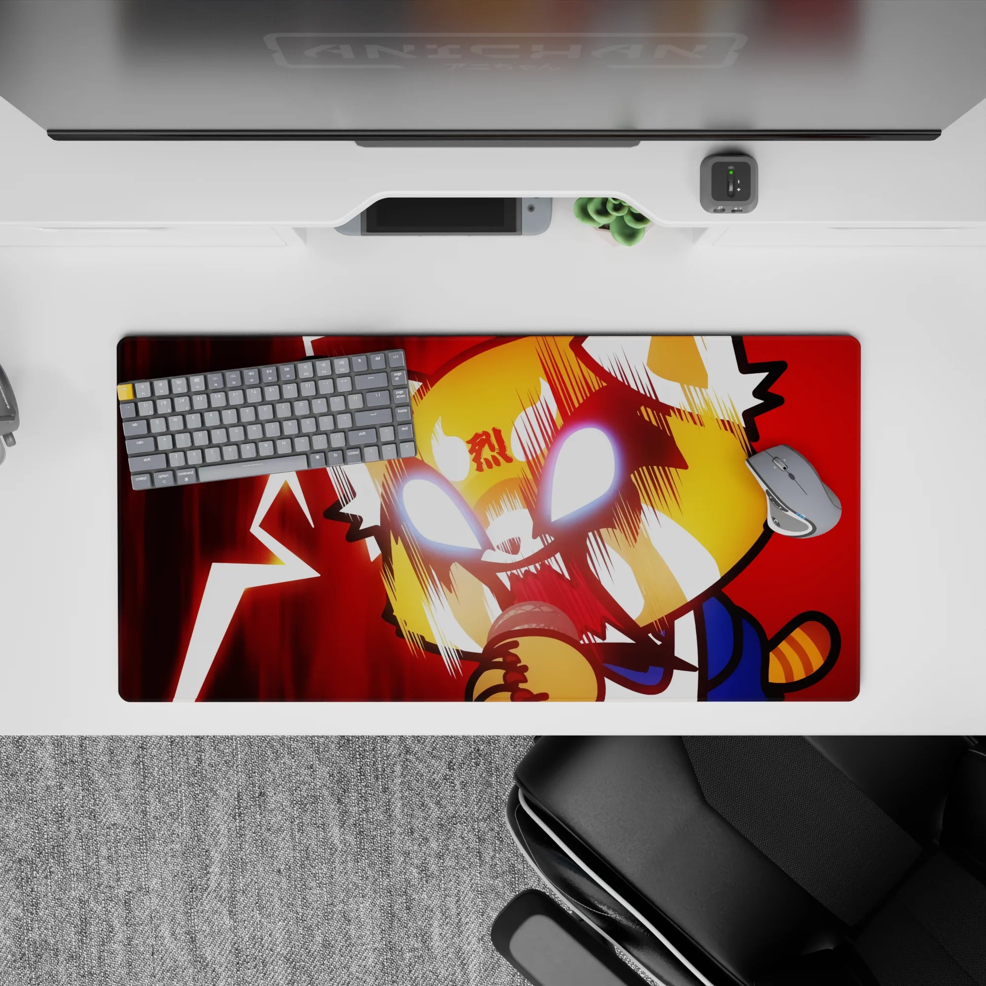 32x16 inches anime mouse pad in deep crimson chaos, white-hot eyes, blue sleeve, striped tail pop.