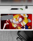 32x16 inches anime mouse pad in deep crimson chaos, white-hot eyes, blue sleeve, striped tail pop.