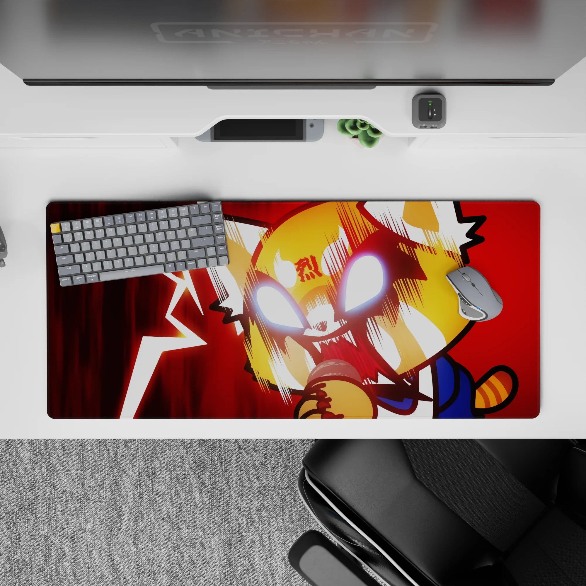 36x16 inches anime desk pad in deep crimson with jagged lightning and white-hot eyes, punchy fury-comedy mood.