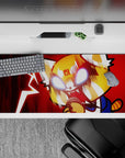 36x16 inches anime desk pad in deep crimson with jagged lightning and white-hot eyes, punchy fury-comedy mood.