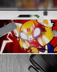 40x20 inches anime desk pad in deep crimson chaos, jagged lightning, white-hot eyes, punchy comedy-fury mood.