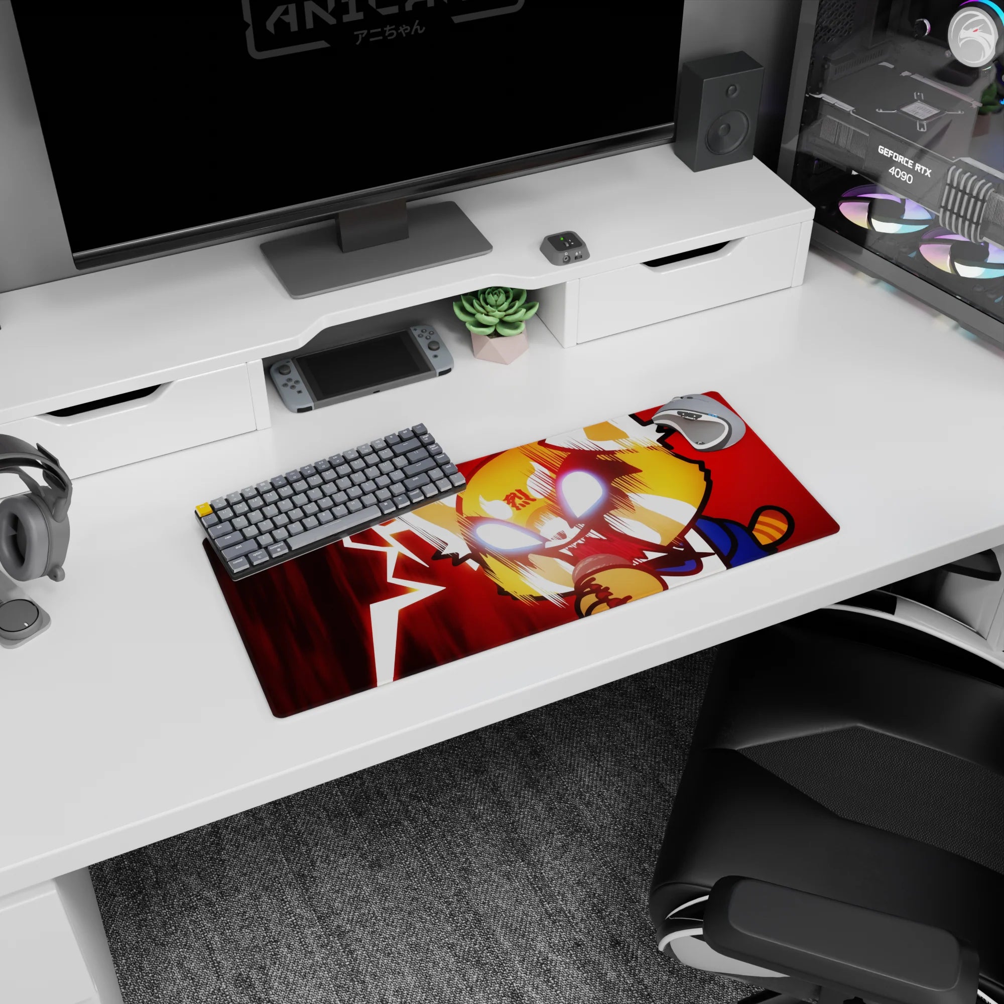 28x12 inches anime mouse pad showing red panda hero snarling, teeth bared, glowing eyes, speed lines tearing.