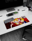 28x12 inches anime mouse pad showing red panda hero snarling, teeth bared, glowing eyes, speed lines tearing.