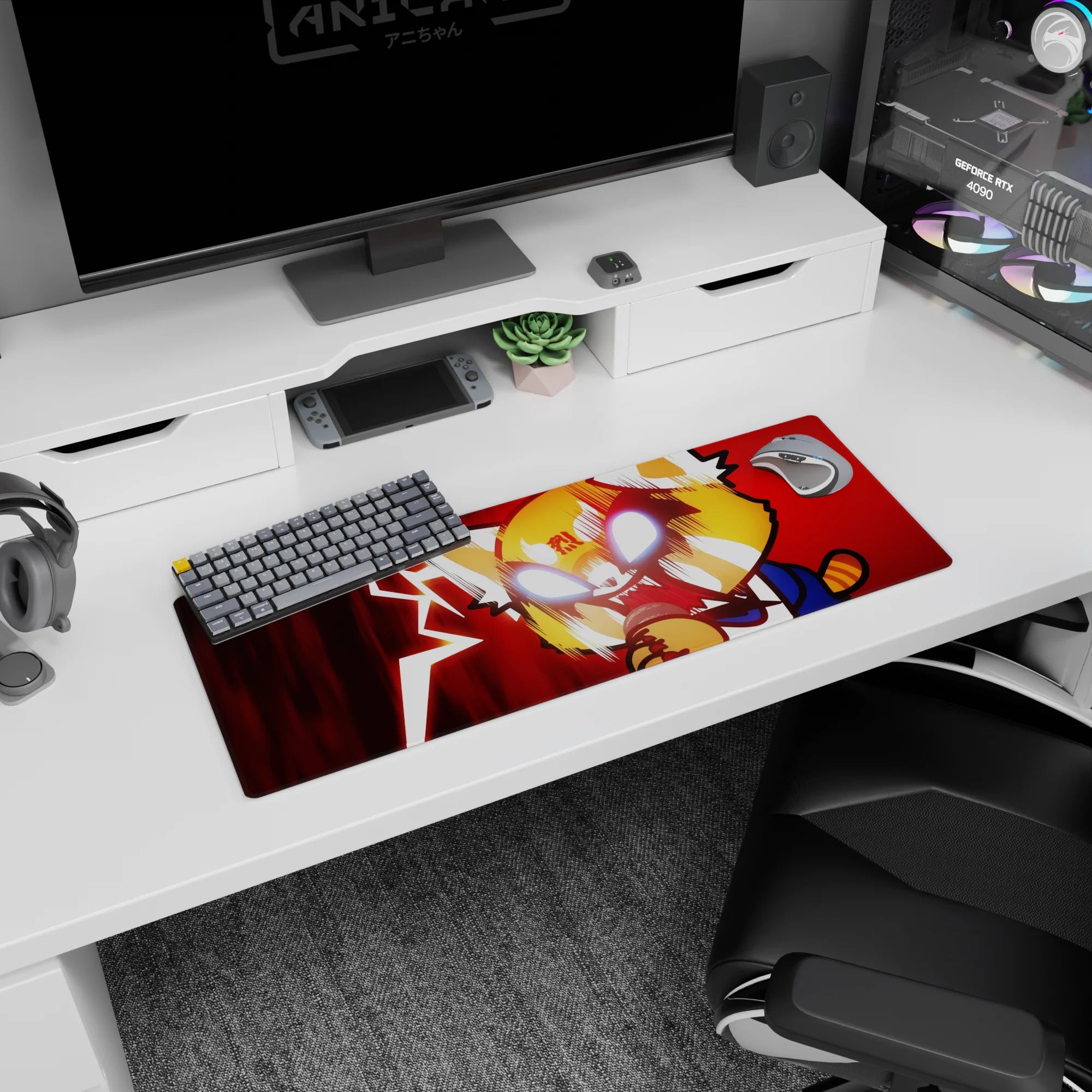 32x12 inches anime mouse pad showing feral-cute red panda, glowing eyes, bared teeth, speed lines ripping past.