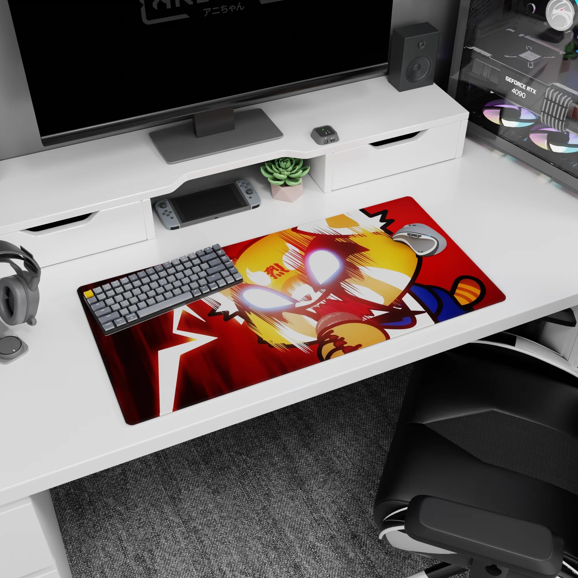 32x16 inches anime mouse pad showing red panda hero snapping into rage mode, bared teeth and speed lines.