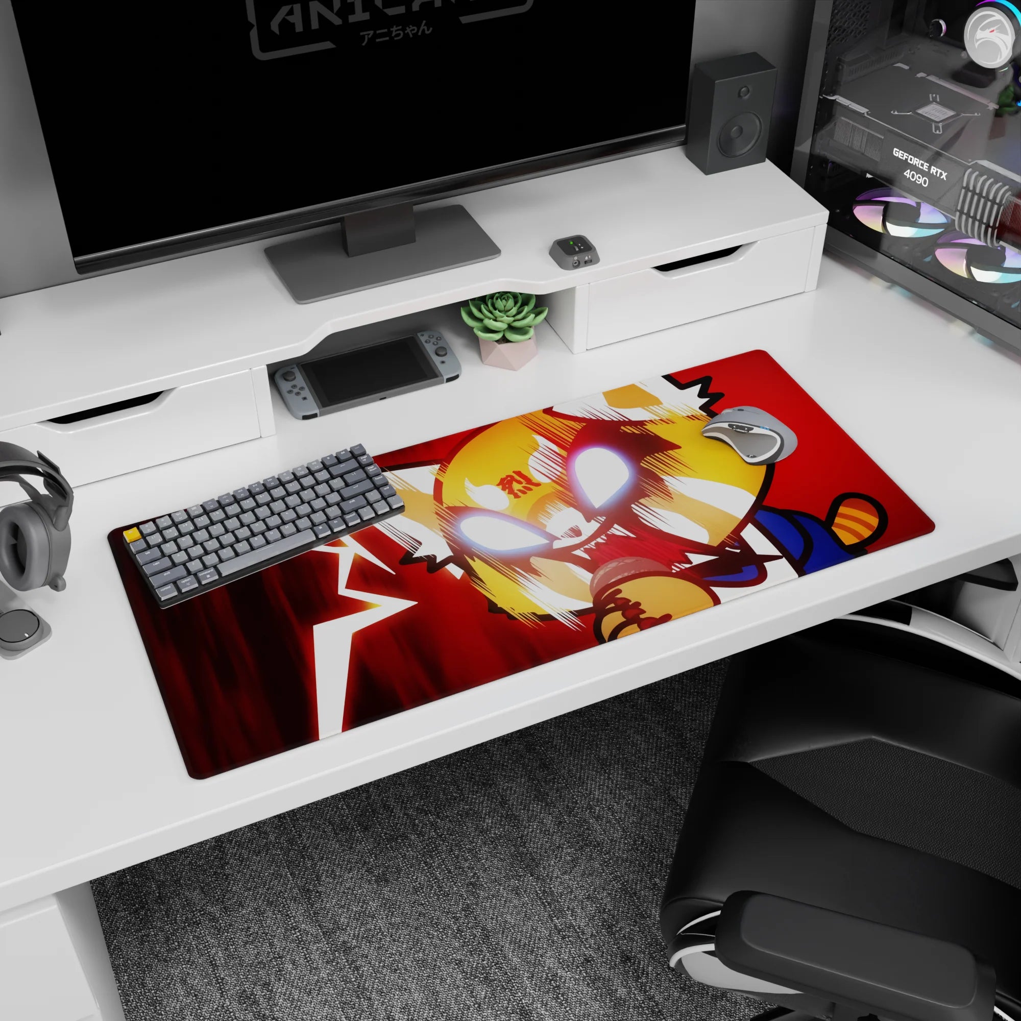 36x16 inches anime desk pad showing a feral-cute red panda snapping into rage mode, teeth bared, face streaked.