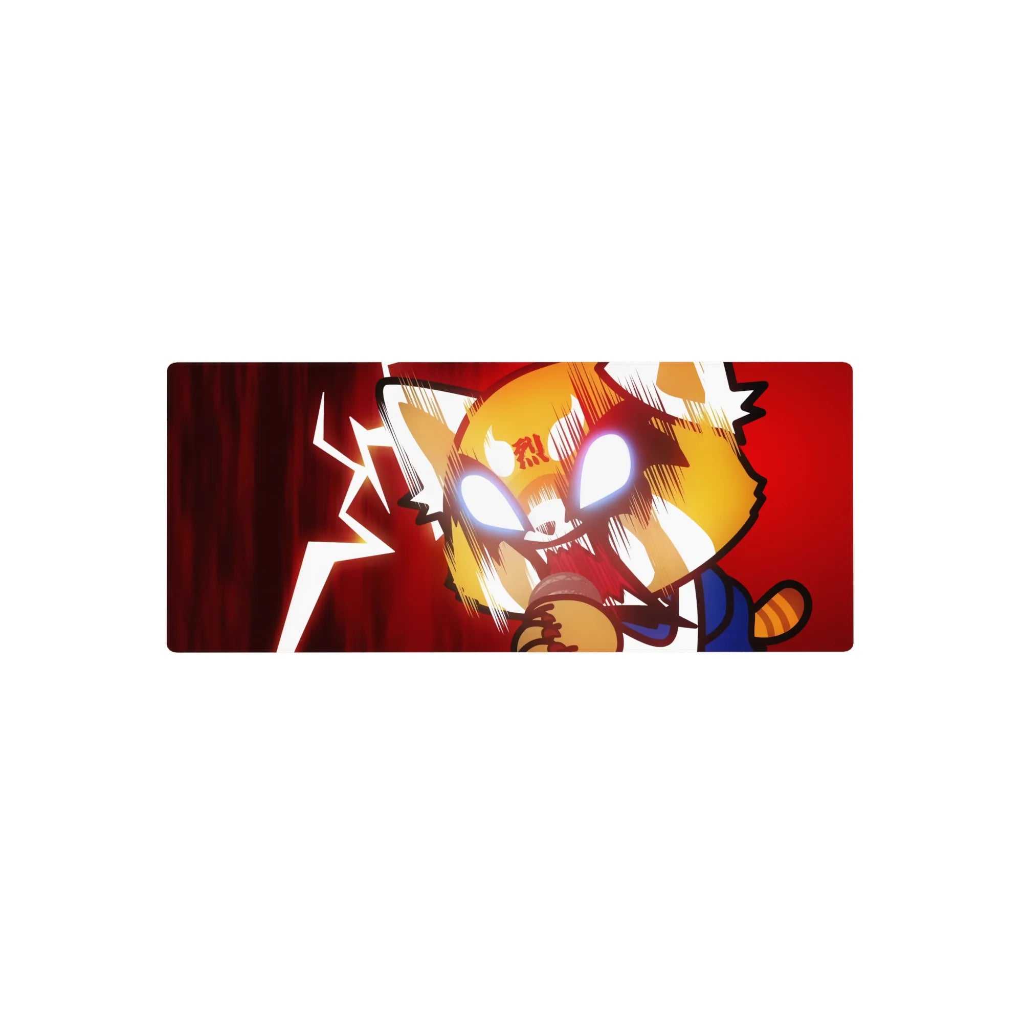 28x12 inches anime mouse pad with feral-cute red panda hero, speed lines, lightning, blue sleeve and tail.