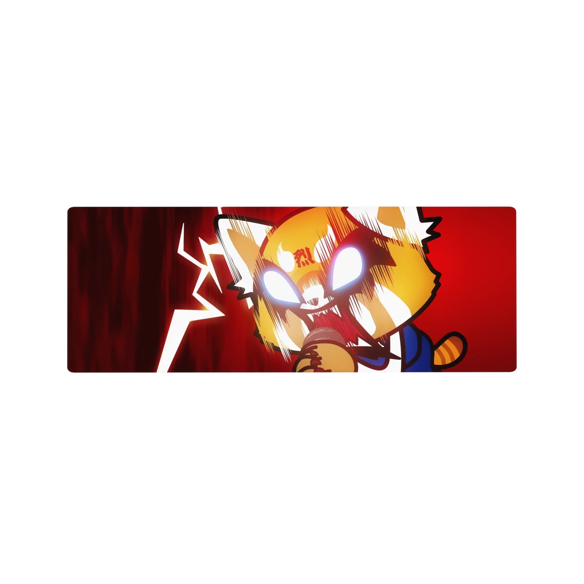 32x12 inches anime mouse pad with rage-mode red panda hero, speed lines, lightning backdrop, striped tail.