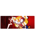 32x12 inches anime mouse pad with rage-mode red panda hero, speed lines, lightning backdrop, striped tail.
