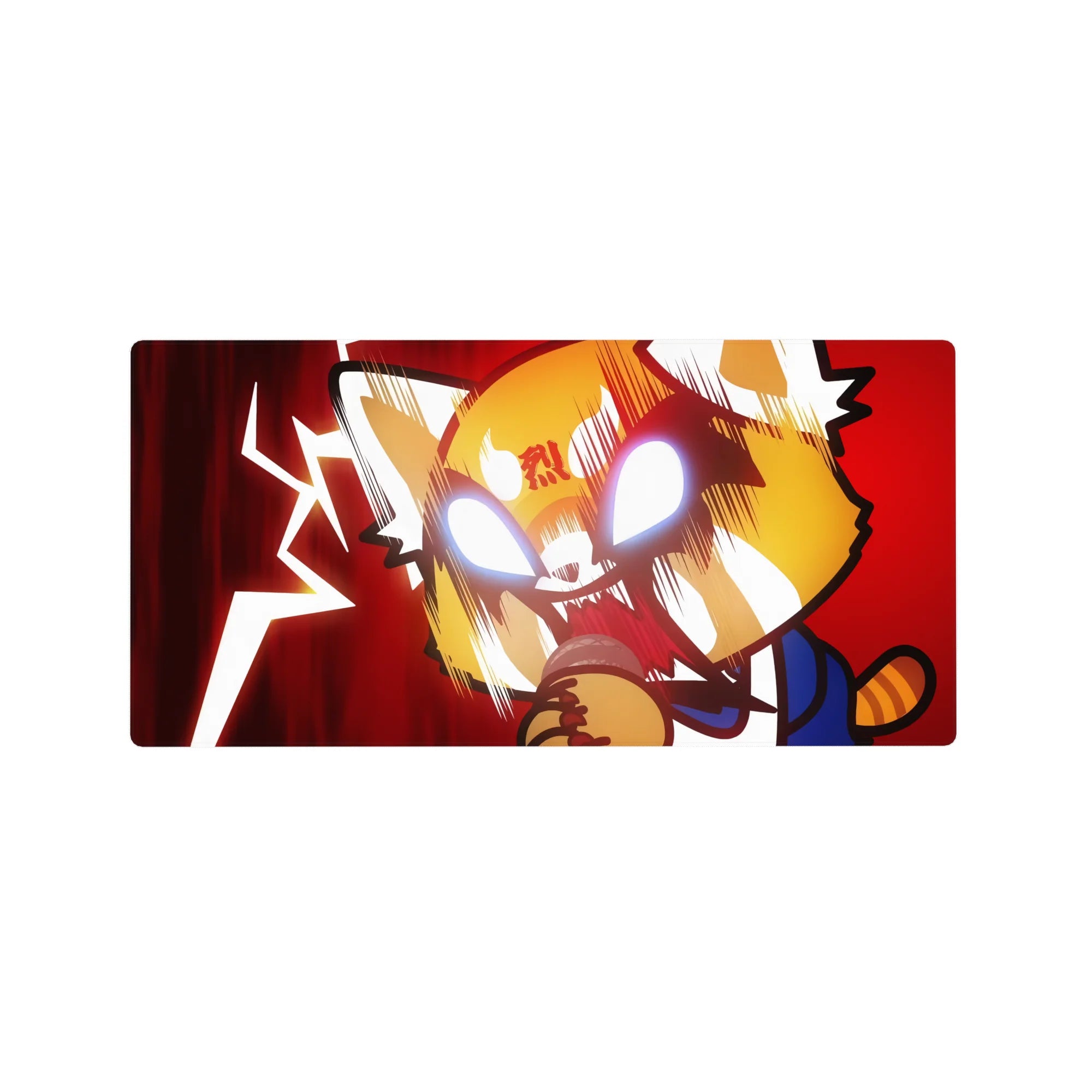 32x16 inches anime mouse pad with feral-cute red panda hero raging, speed lines, lightning backdrop.
