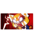 32x16 inches anime mouse pad with feral-cute red panda hero raging, speed lines, lightning backdrop.