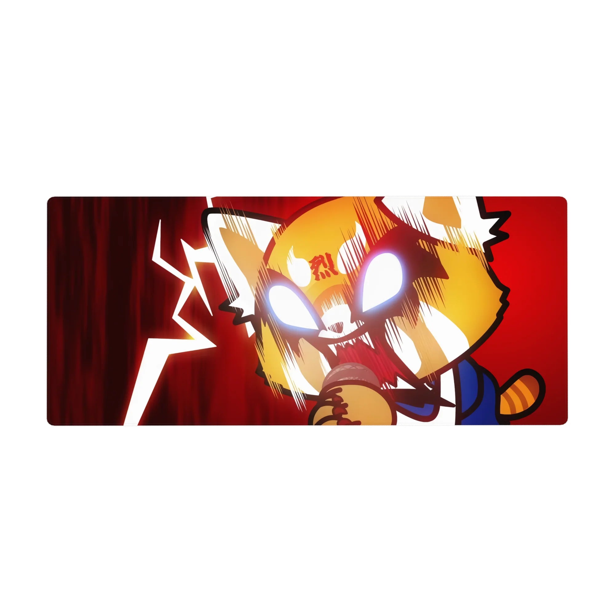 36x16 inches anime desk pad with raging red panda hero, speed lines, lightning backdrop, blue sleeve, striped tail.